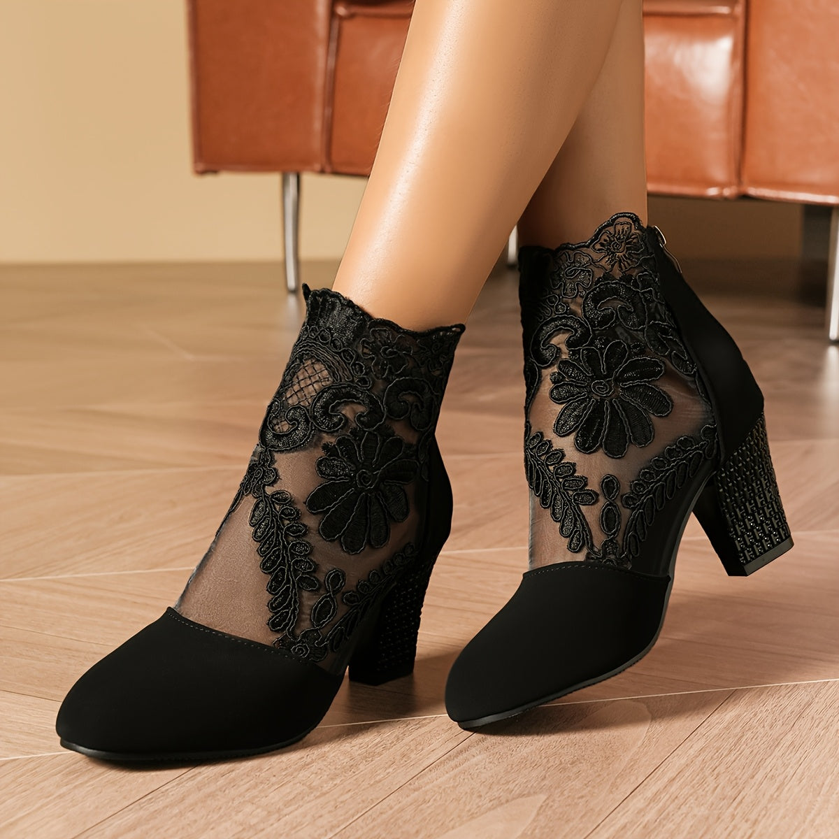 Women's Faux Cover Lace Trim Chunky Heel Ankle Boots Black Floral