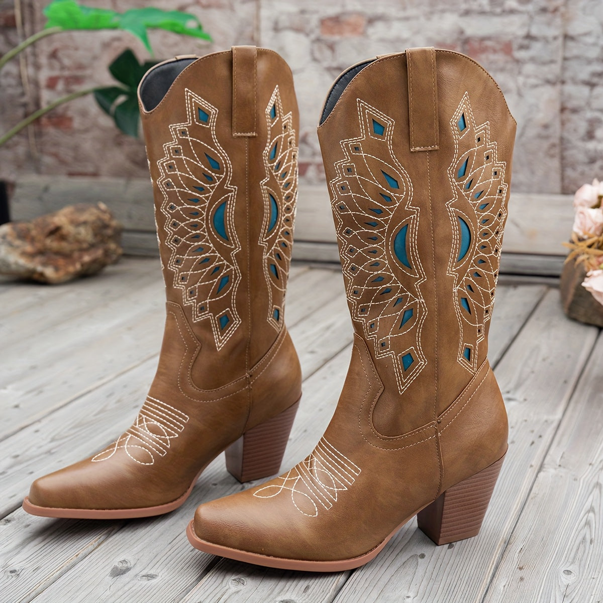 Women's Faux Leather Western Cowboy Boots Slip-On Pointed Toe Chunky Heel Blue and Brown