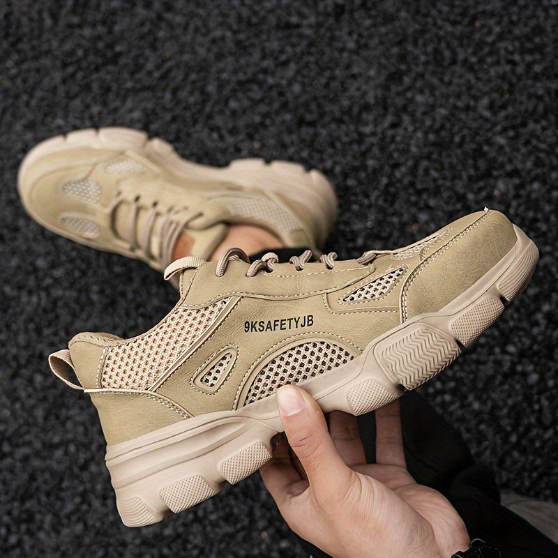 Men's Safety Shoes Lightweight Steel Toe Non-Slip Puncture-Resistant Rubber Breathable Mesh Beige