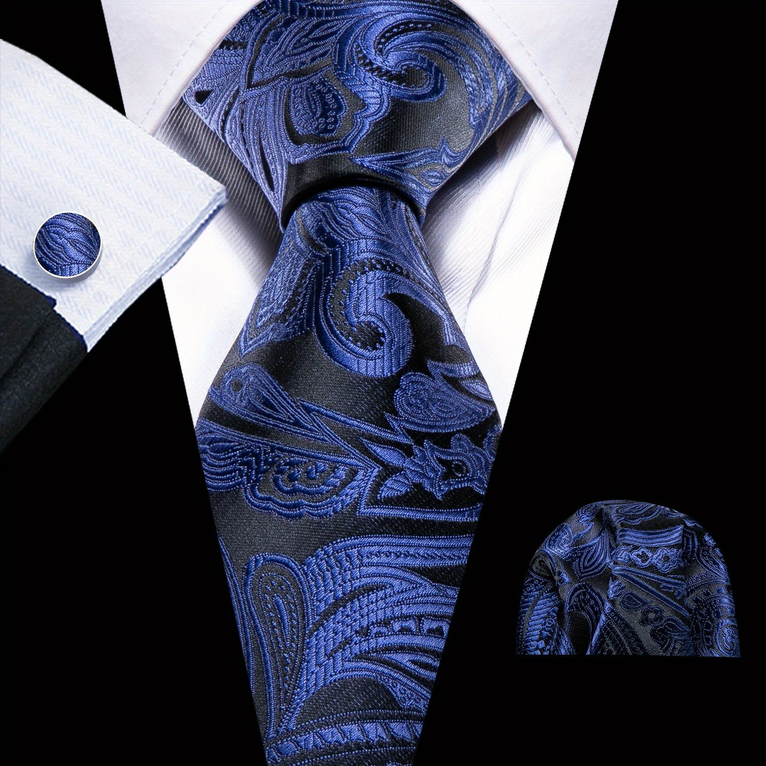 Men's Green Paisley Jacquard Tie Set with Pocket Square and Cufflinks for Weddings and Parties