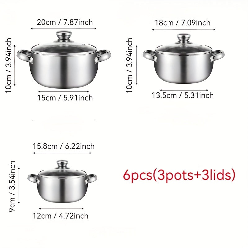Set of 6 Stainless Steel Cookware Pots with Glass Lids Noodle Soup Stock Pot