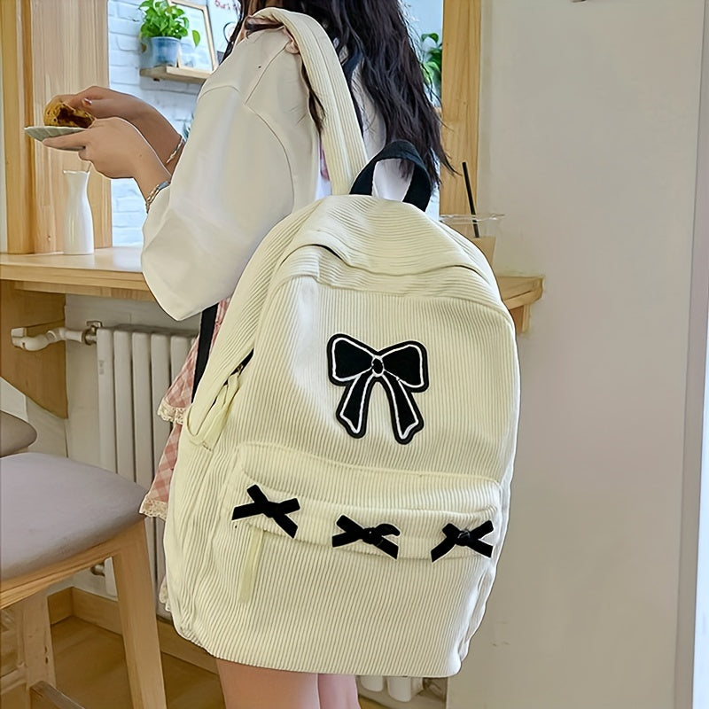 Gran capacidad de corduroy con lazo decoración mochila casual para uso diario