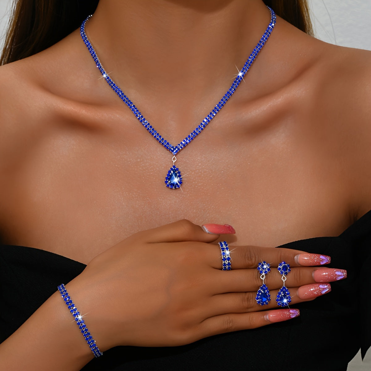 Silver-Plated Copper Jewelry Set with Rhinestones Necklace Bracelet Earrings Ring for Weddings and Parties