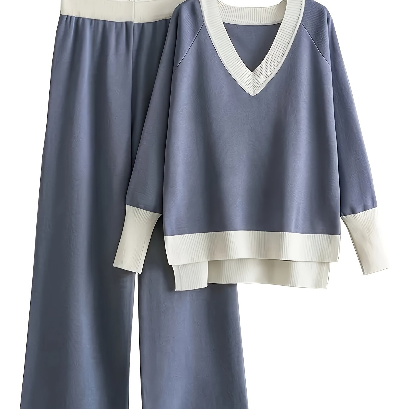 Viscose Knit Women's Two-Piece Outfit Color Block V-Neck Sweater and Trousers