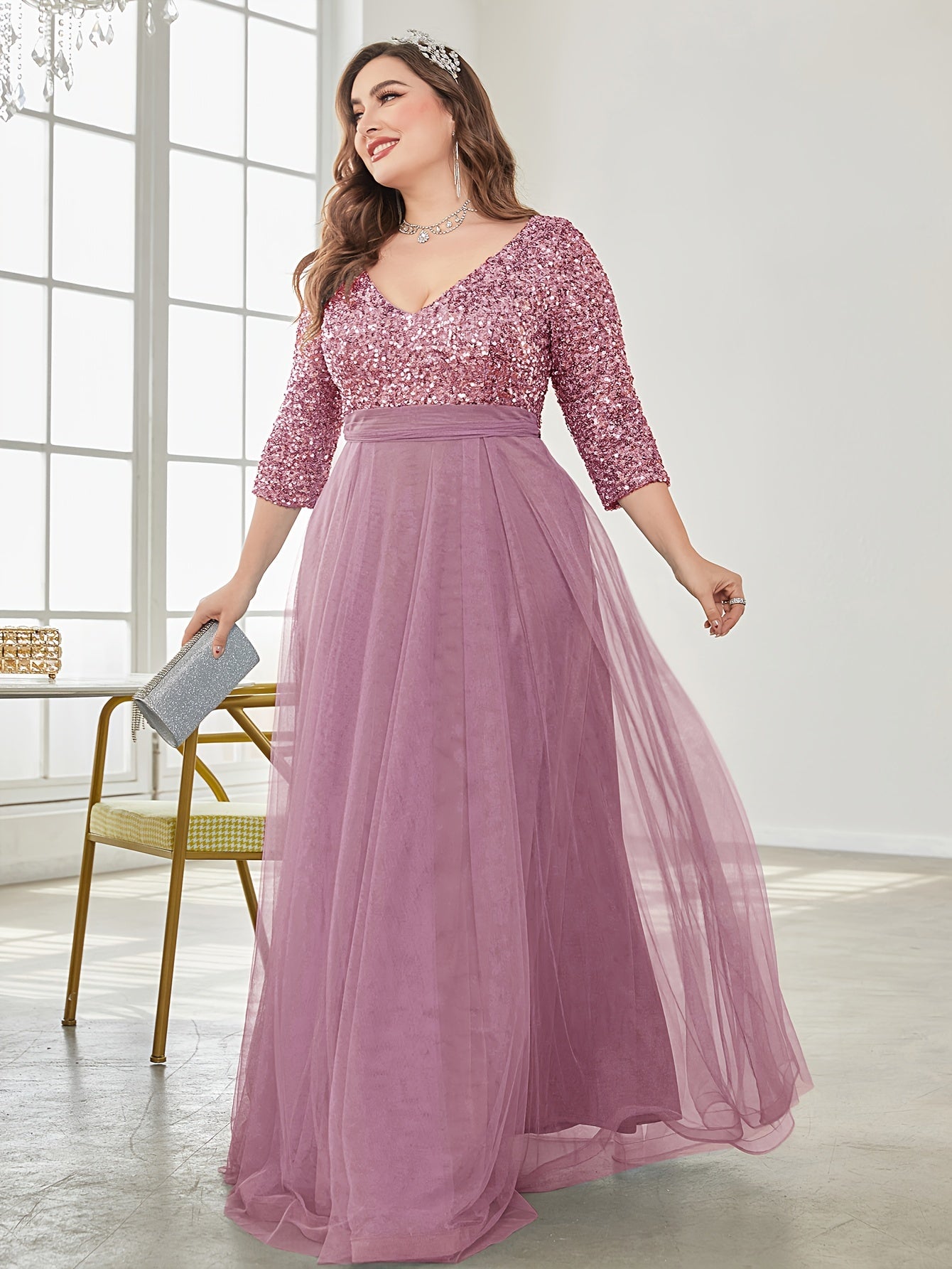 Vestido largo de novia y dama de honor con lentejuelas de talla grande, falda de tul