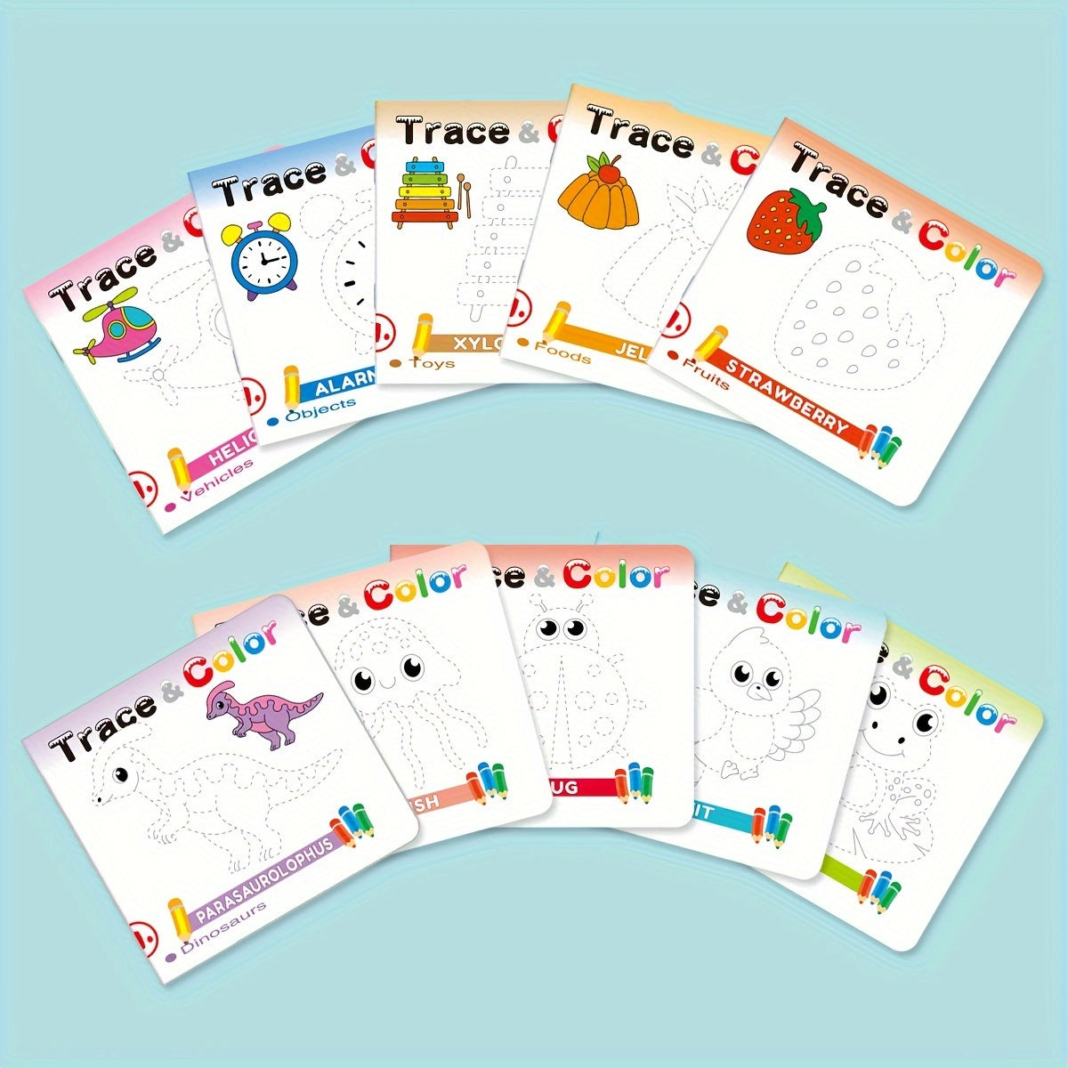 Children's Handwriting Tracking Stick Figure Coloring Book Set of 10 for Kids Ages 4 and Up