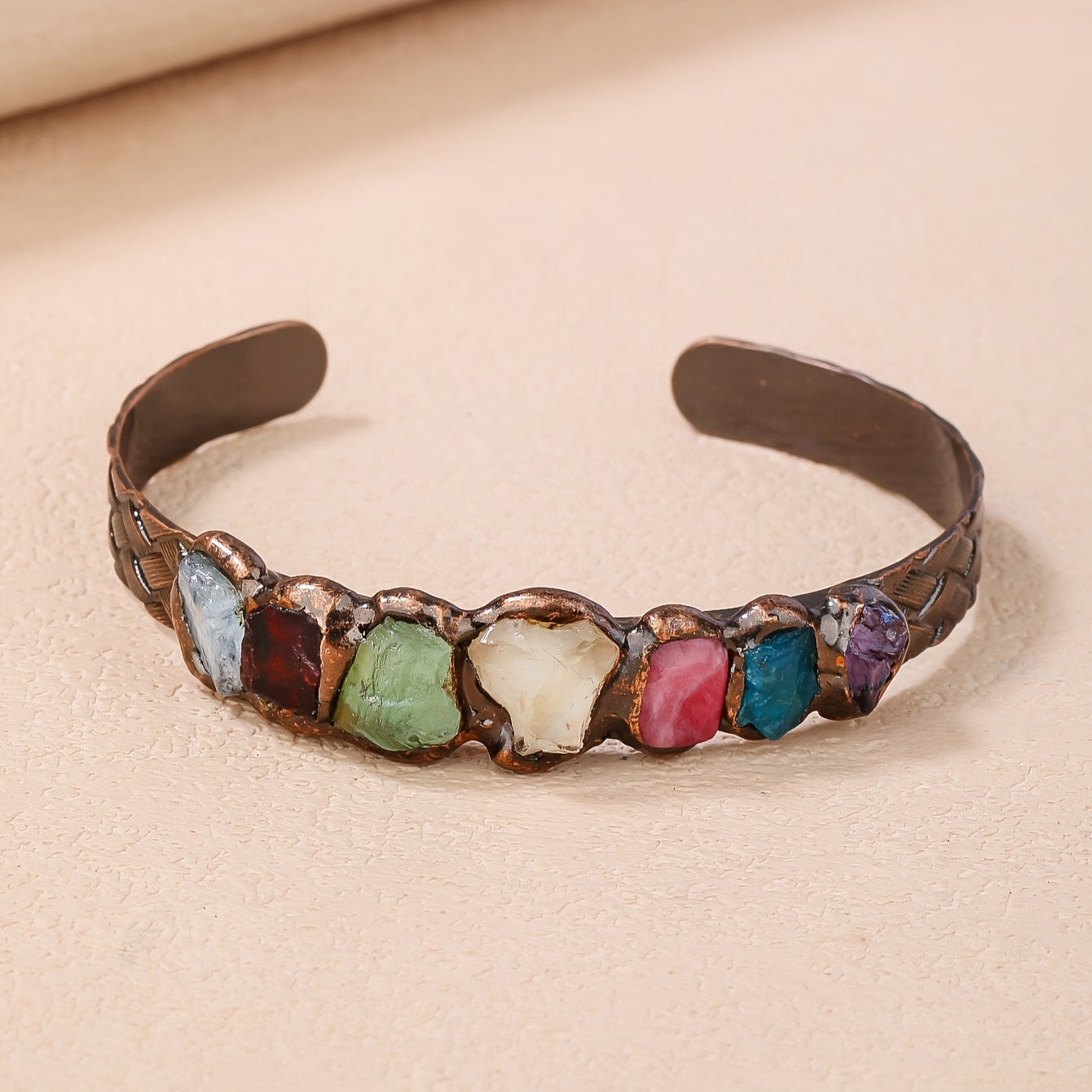 Bohemian Copper Cuff Bracelet with Gemstones and Burnt Welded Design