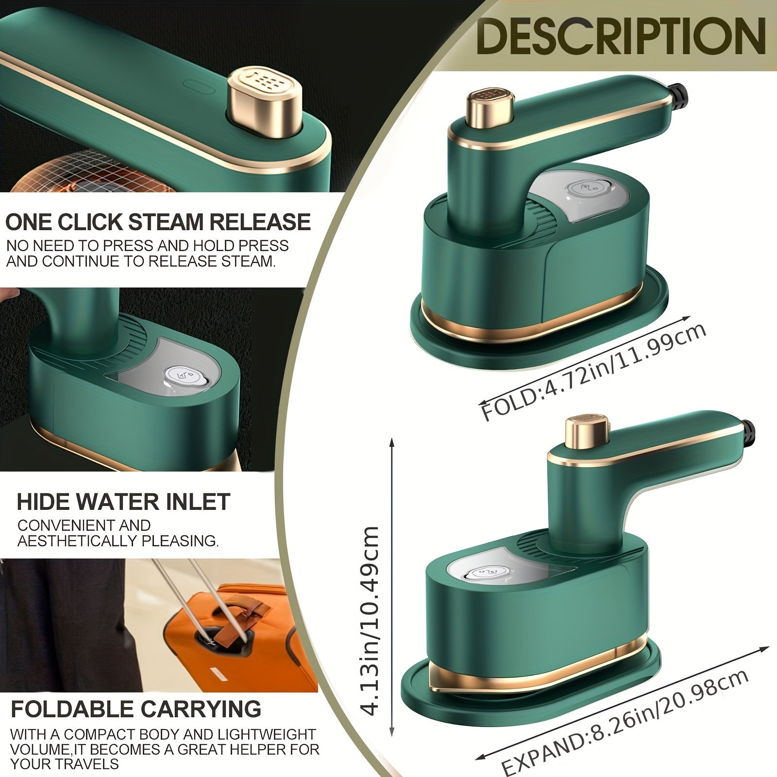 Handheld Steam Iron with 15-Second Heating Portable Travel Dry Wet Iron