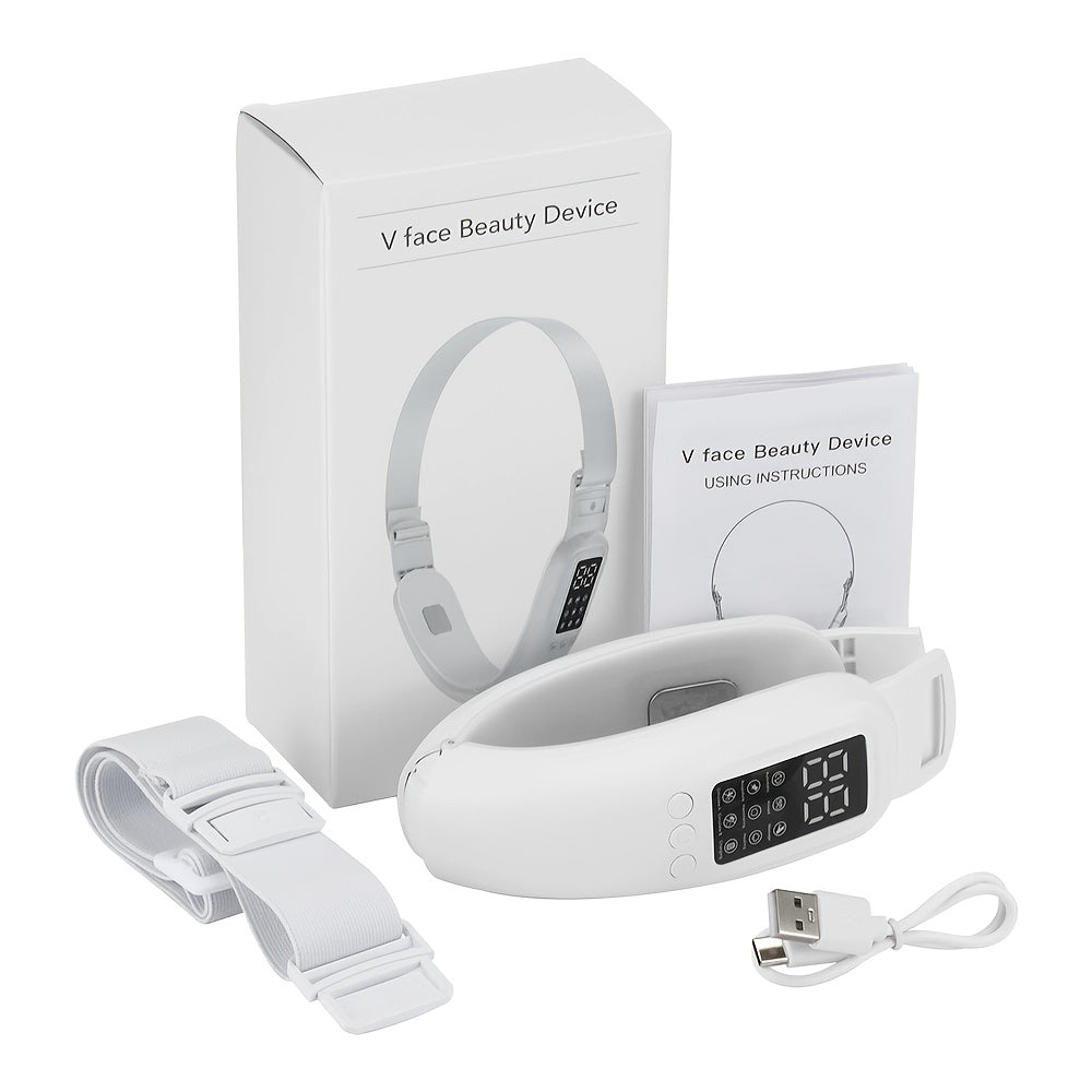 Белый электрический V-образный массажер для лица - USB-заряжаемый массажер для ухода за кожей лица с LED-дисплеем и регулируемой интенсивностью - идеальный подарок для женщин.