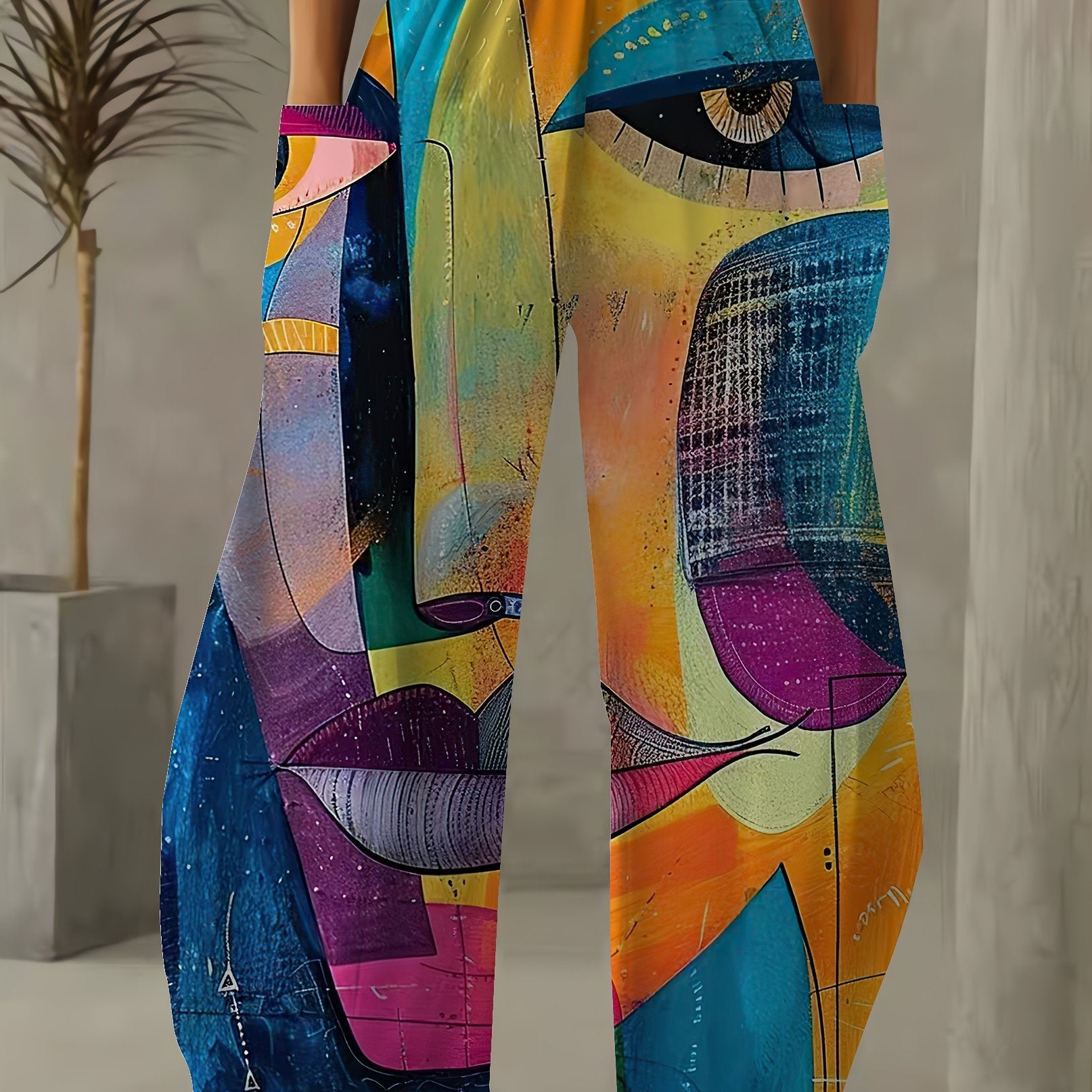 Women Wide Leg Palazzos 3D Print Polyester Casual Pants with Pockets