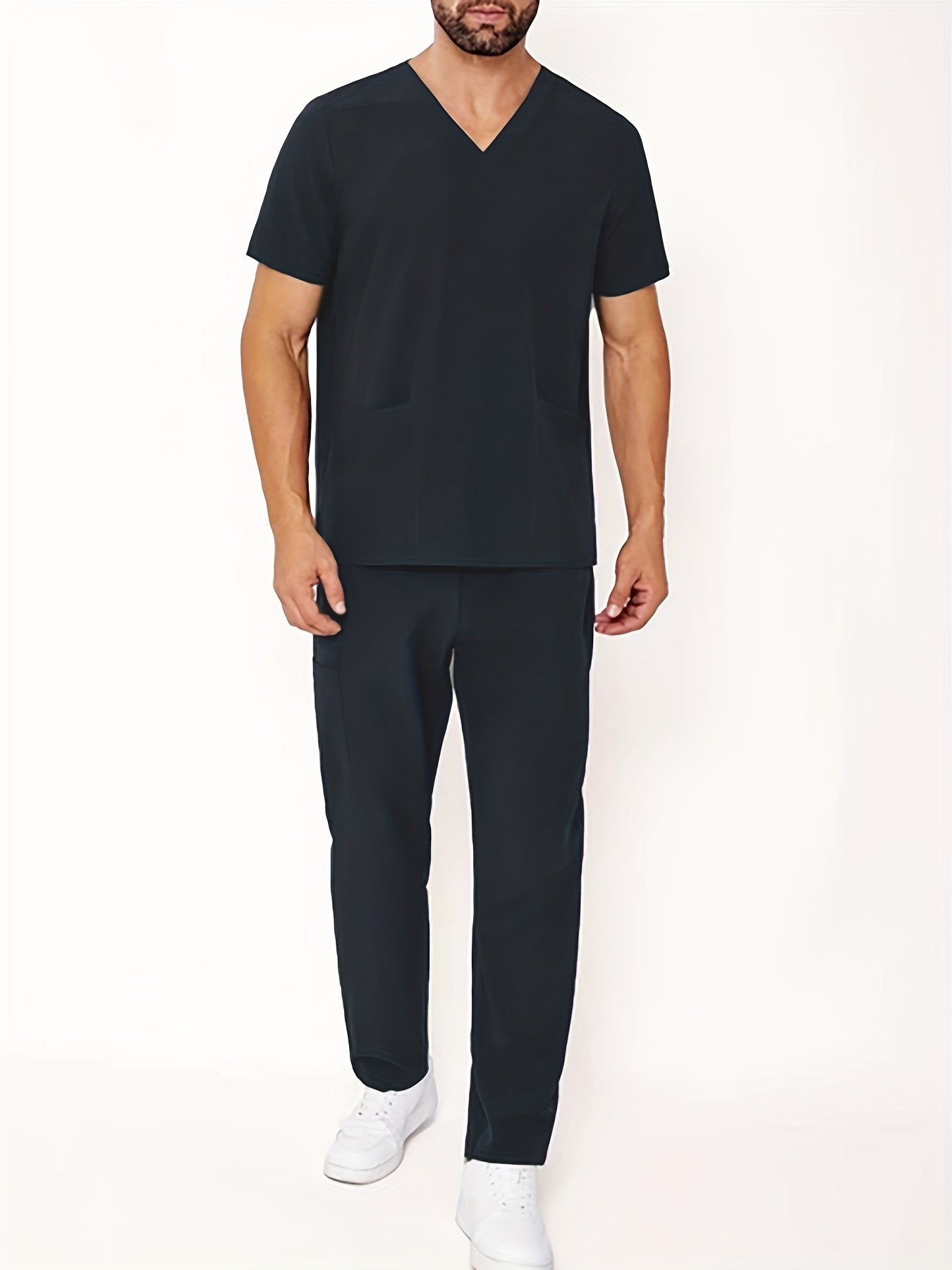 Men's Summer V-Neck Scrub Set with Pockets Casual Workwear for Medical Staff