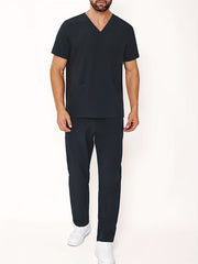 Men's Summer V-Neck Scrub Set with Pockets Casual Workwear for Medical Staff