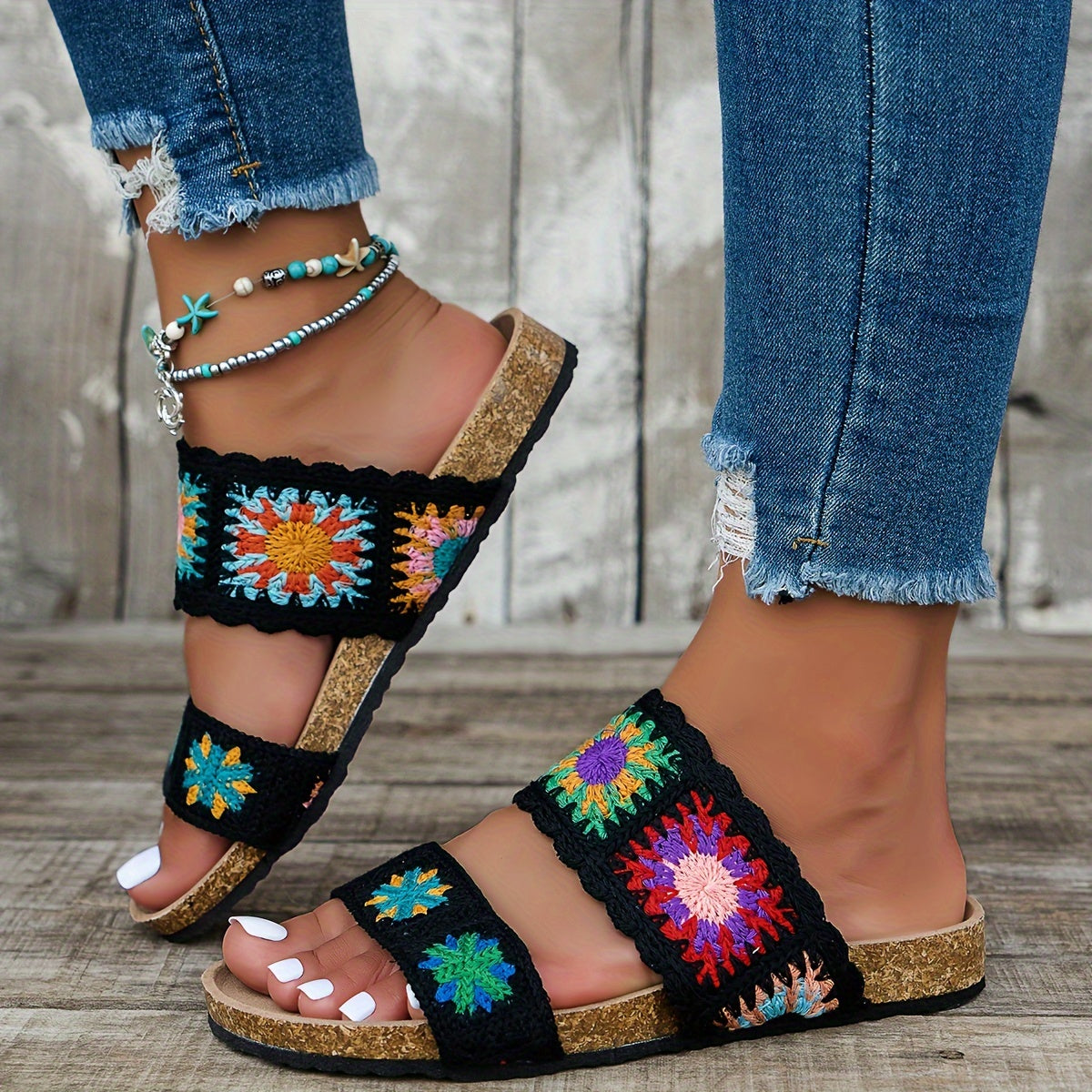 Women's Knitted Floral Flat Slippers Non-Slip Open-Toe Large Size Shoes