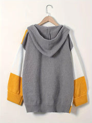 Cárdigan de talla grande para mujer con bloques de color, suéter con capucha oversize y bolsillos, gris mostaza