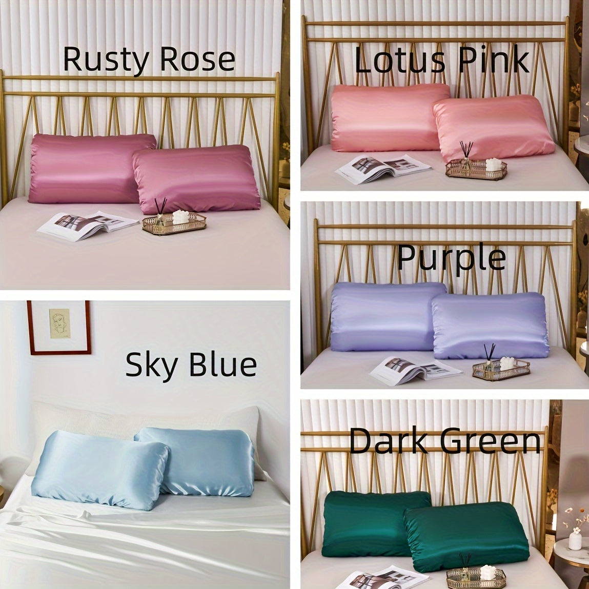 Fundas de almohada de satén transpirable con cordón elástico para un sueño cómodo, juego de dos