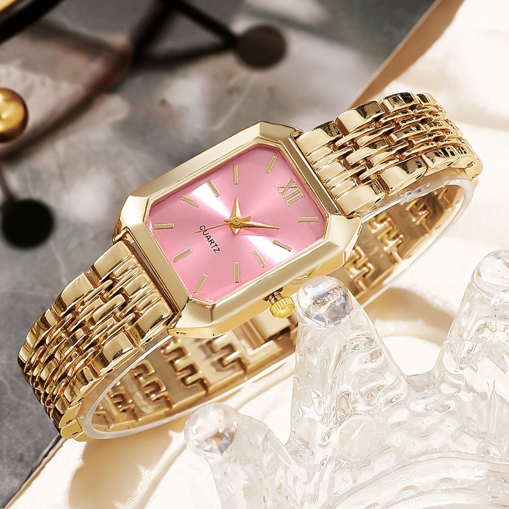 Women's Quartz Watch with Gold-Tone Rectangle Case, Multi-Color Dial, Shockproof Alloy