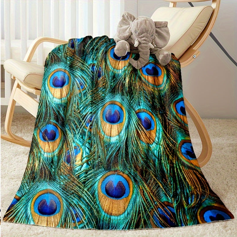 Flannel Blanket with Peacock Feather Pattern for All Seasons Soft Warm Cozy Bed Throw