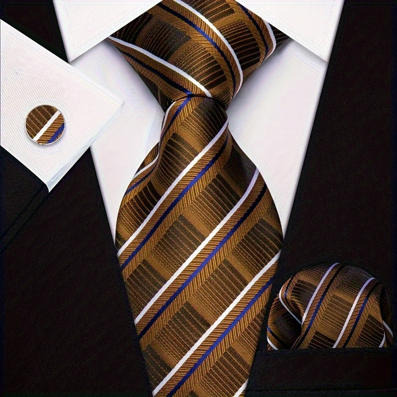 Men's Classic Striped Necktie Set with Cufflinks for Business Parties