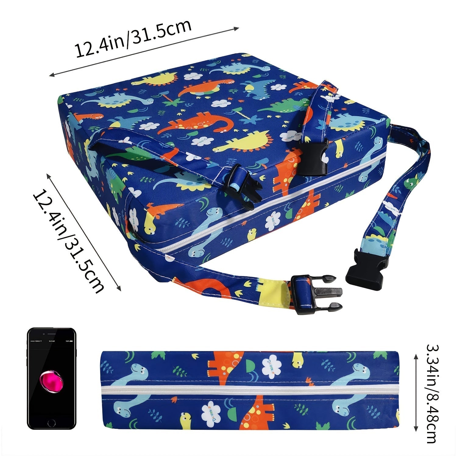 Blue Dinosaur Toddler Booster Seat for Dining Travel Washable with Safety Straps