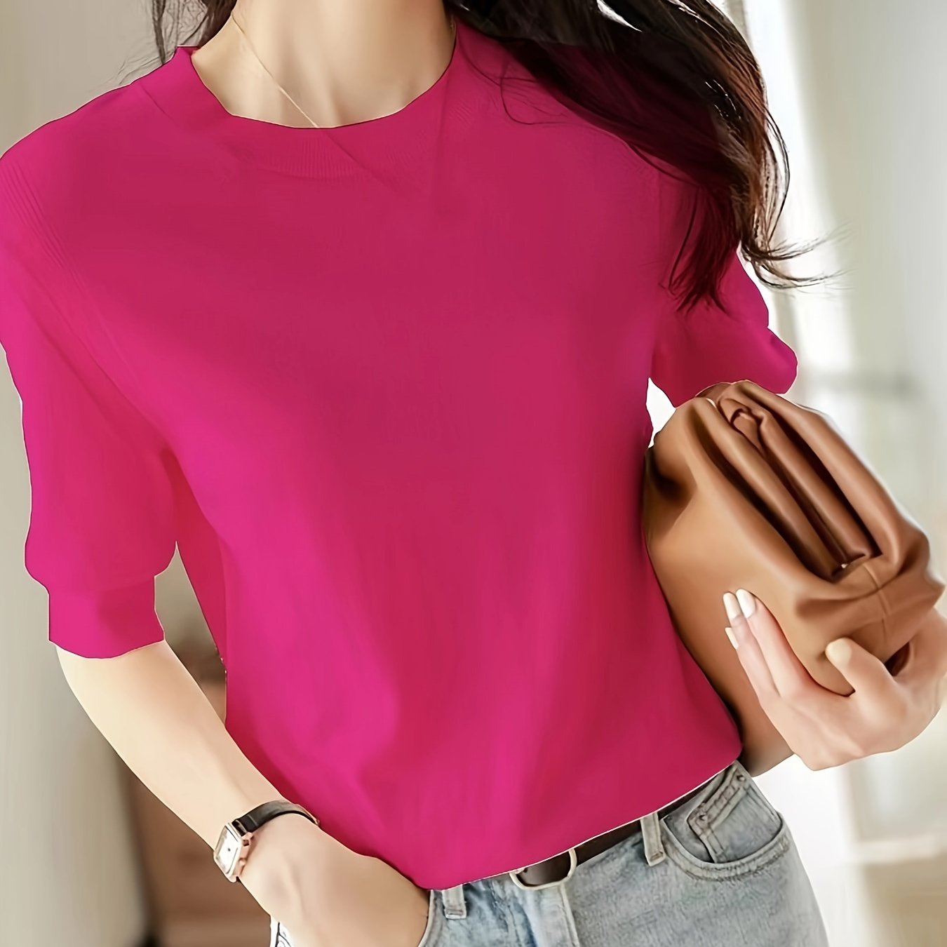 Women's Knit Sweater Crew Neck Solid Short Sleeve Spring Summer Casual