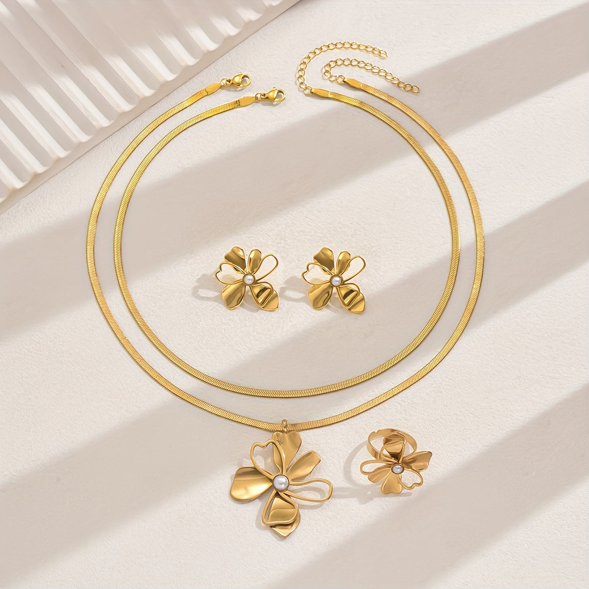 Set of Five Stainless Steel Jewelry Pieces with Double-Layer Snake Bone Chains Imitation Pearl Flower Accents