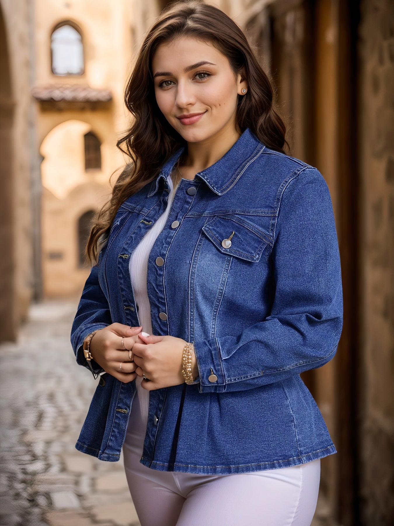 Plus Size Washed Blue Denim Jacket with Ruffle Hem and Long Sleeves