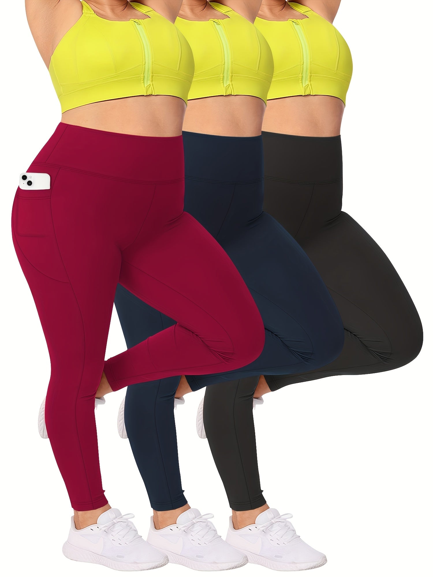 Women's High-Waisted Stretchy Leggings Set with Moon Pocket Navy Red Black