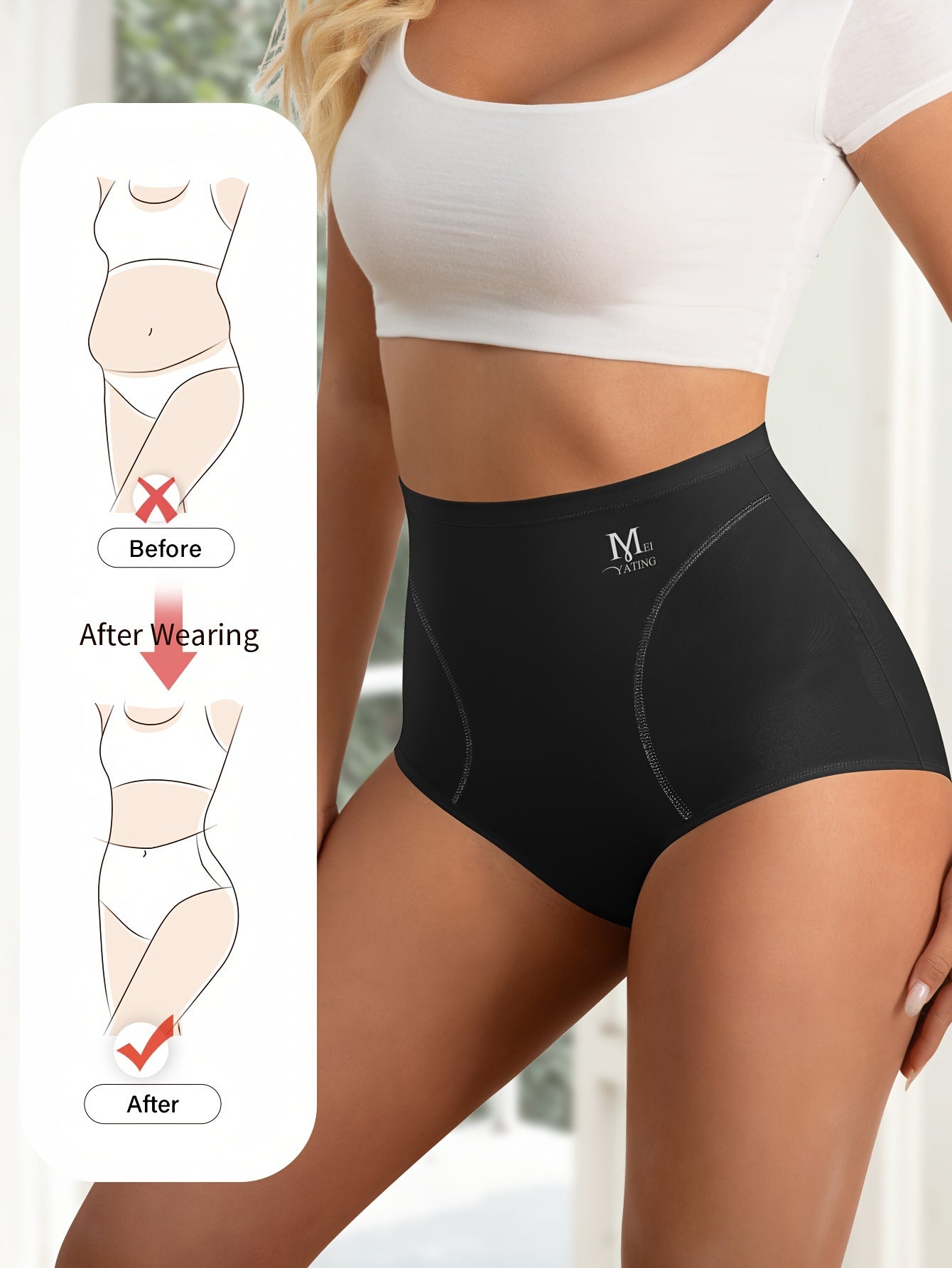 Panties de cintura alta para mujer con control de barriga, sin costuras, negras, ligeras, de elastano