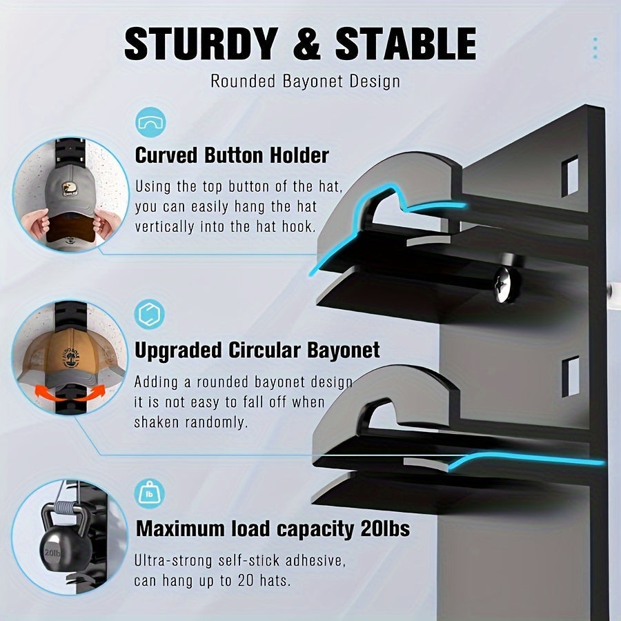 Estante para sombreros de montaje en pared, negro, con capacidad para 20 gorras, respaldo adhesivo duradero