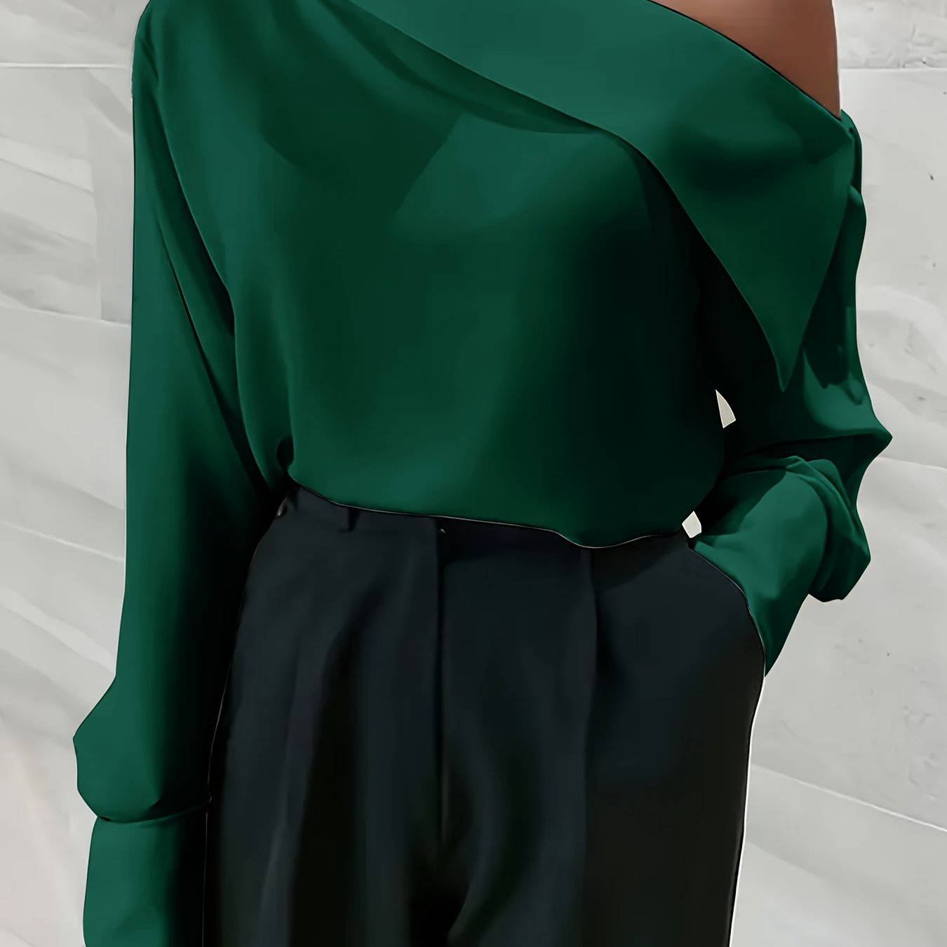 Plus-Size Women's Blouse Polyester One-Shoulder Long Sleeve Solid Color