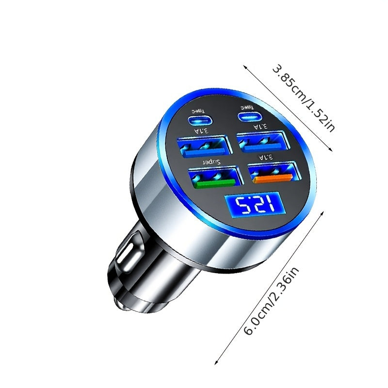 Multi-Function Car Charger 6-in-1 Fast Charging Dual Type-C Digital Display