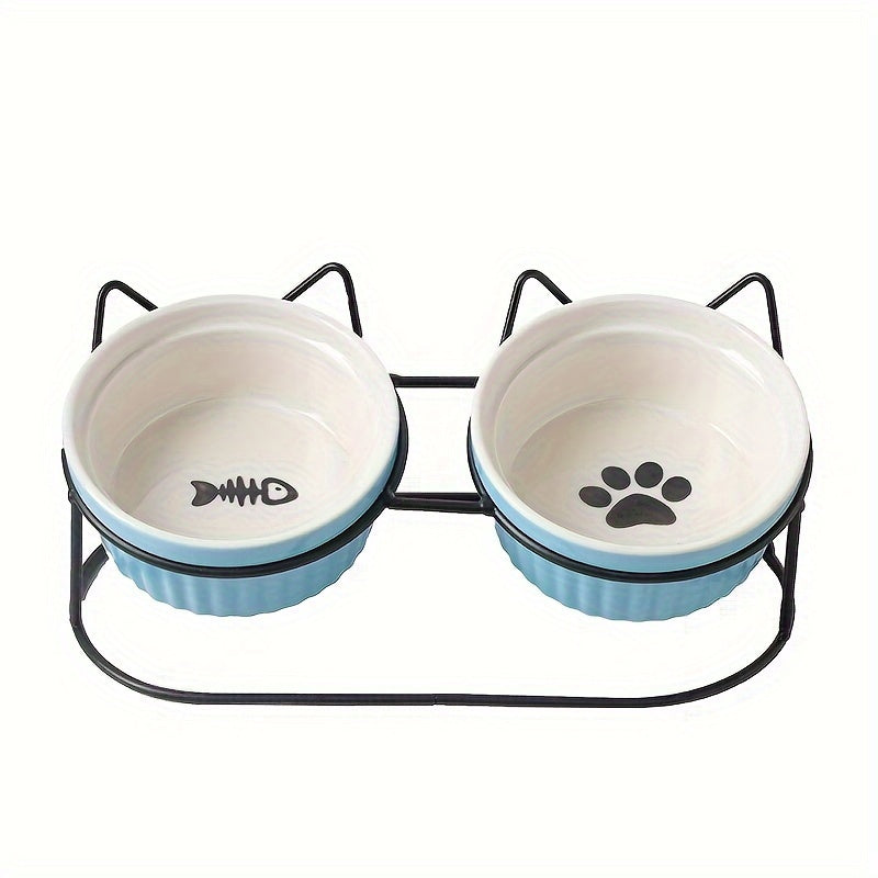 Non-Slip Ceramic Cat Food and Water Bowls with Iron Bracket Elevated and Tilted Design