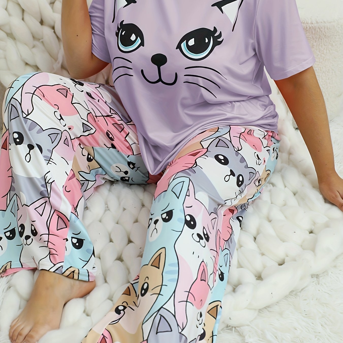 Women's Plus Size Cat Print Pajama Set Short Sleeve Long Pants Polyester Blend