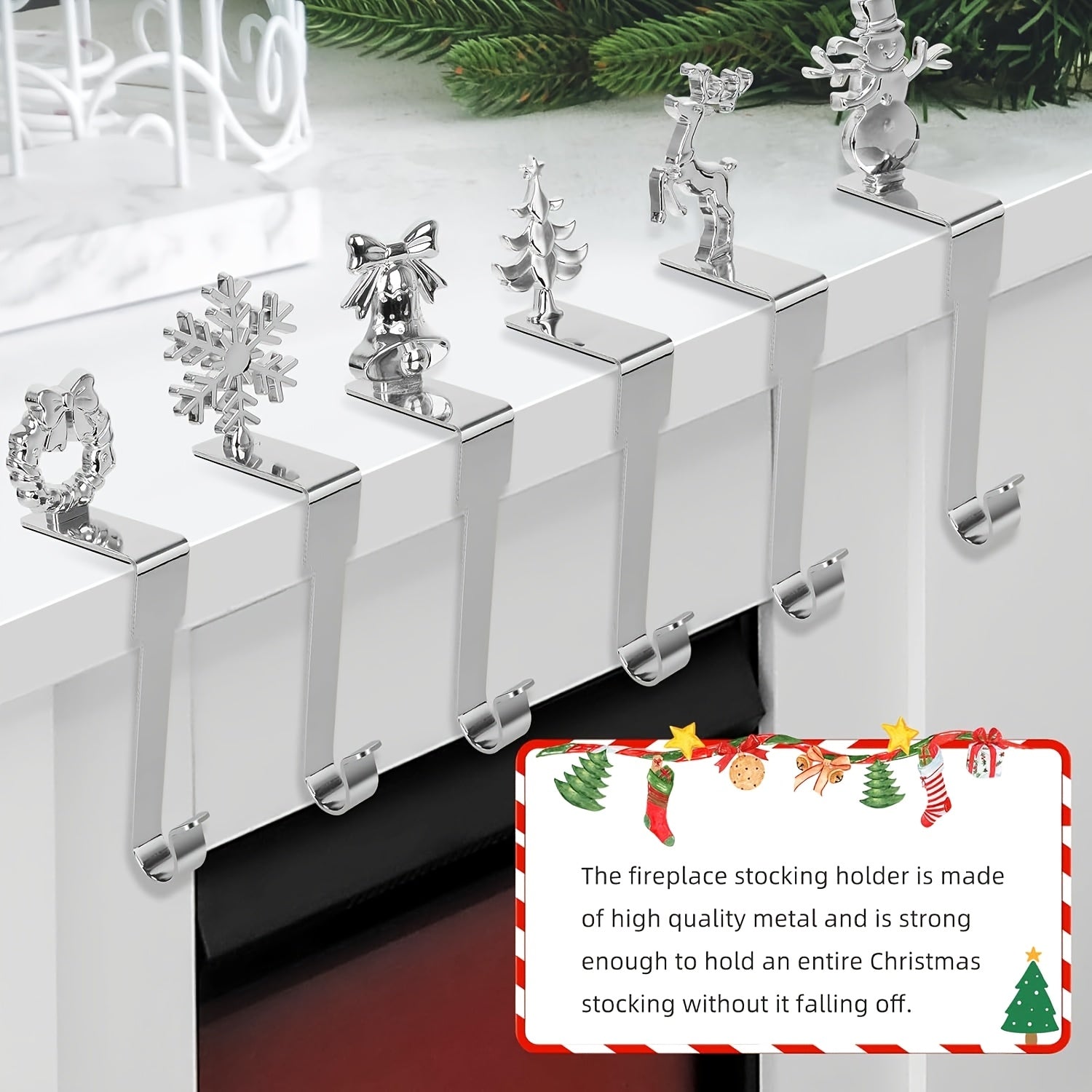 Set of 4 Metal Christmas Stocking Holders with Snowman Reindeer Tree Designs