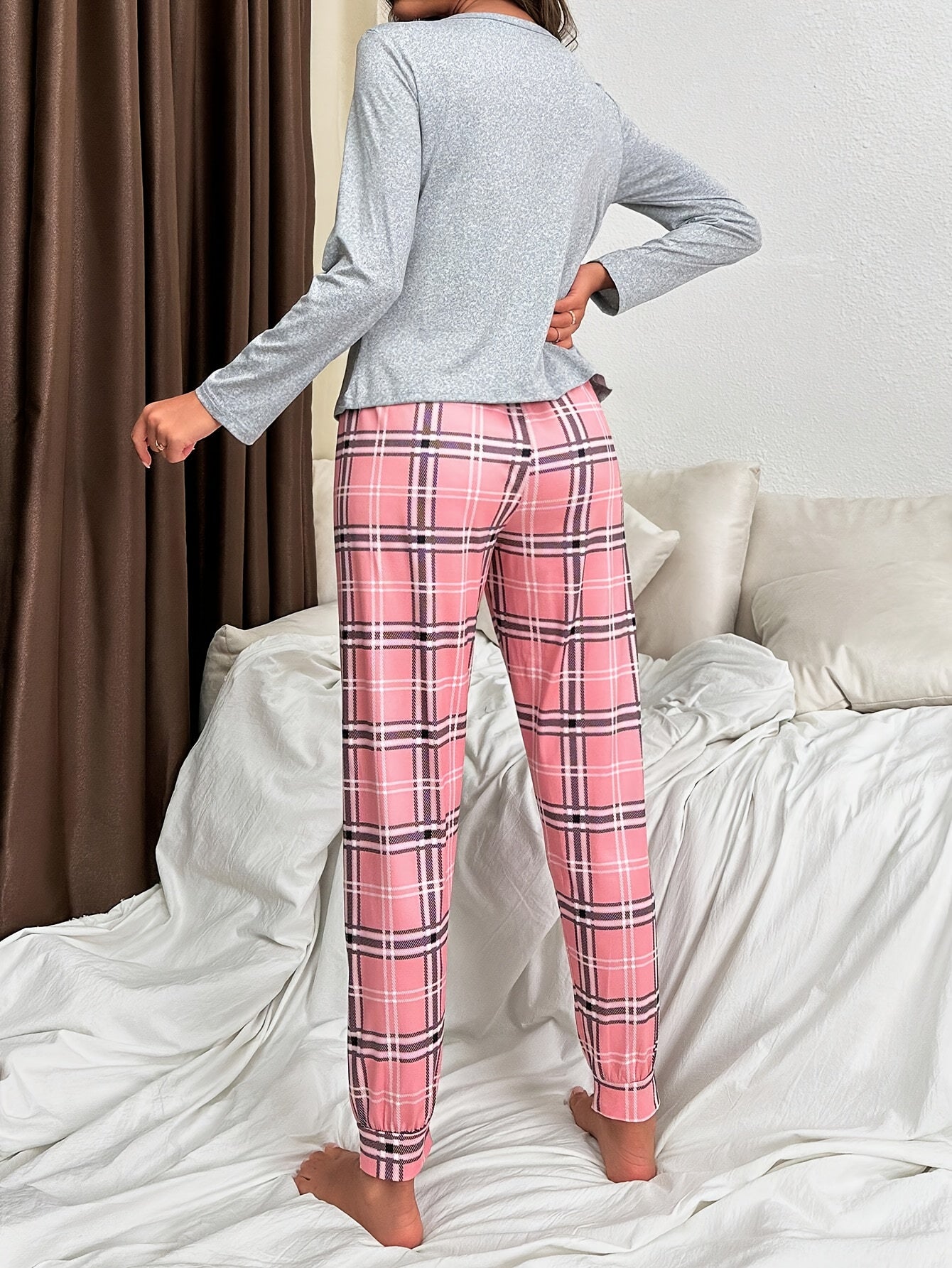 Conjunto de pijama casual para mujer con dibujos de poliéster y spandex, ropa cómoda para el hogar