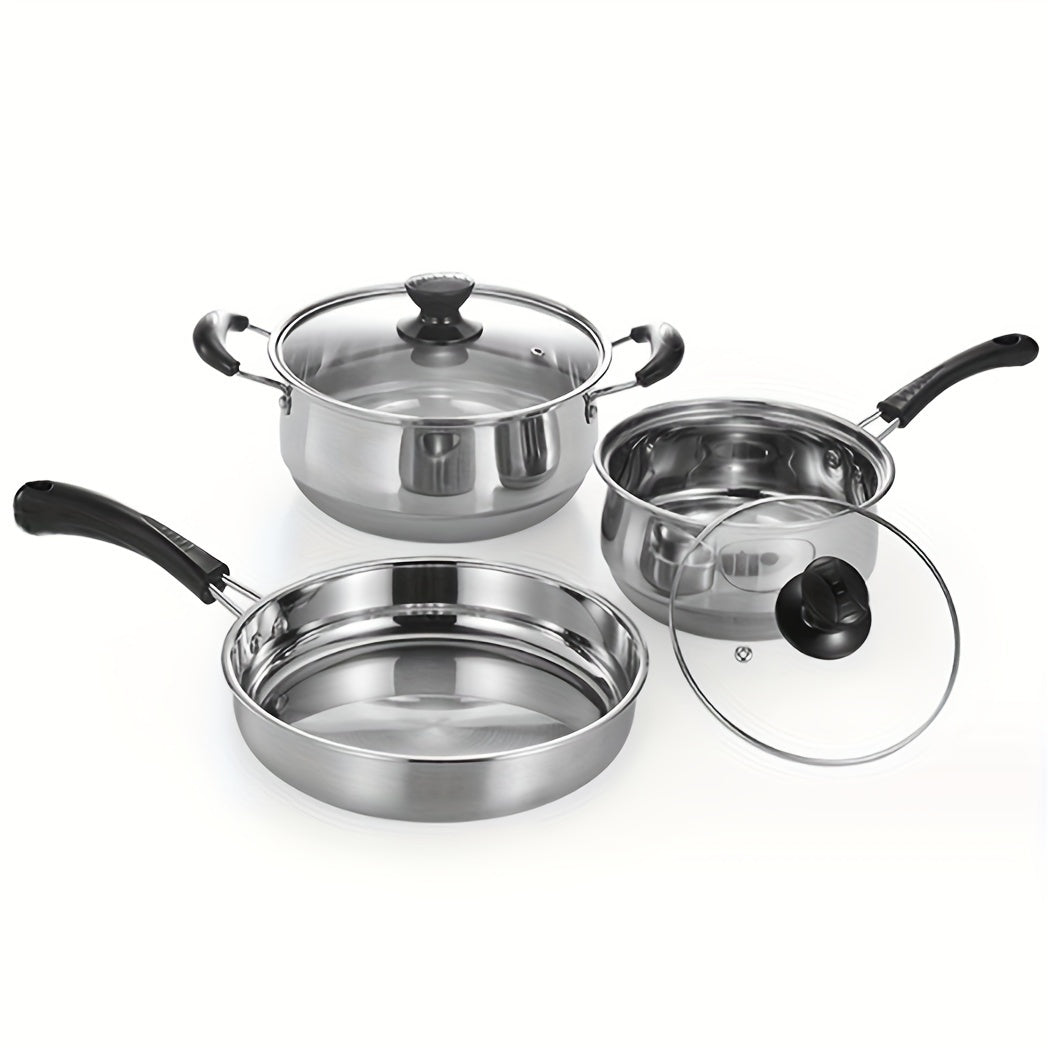 Three-Piece Stainless Steel Cookware Set Soup Pot Milk Pot Fryer Kitchen Use