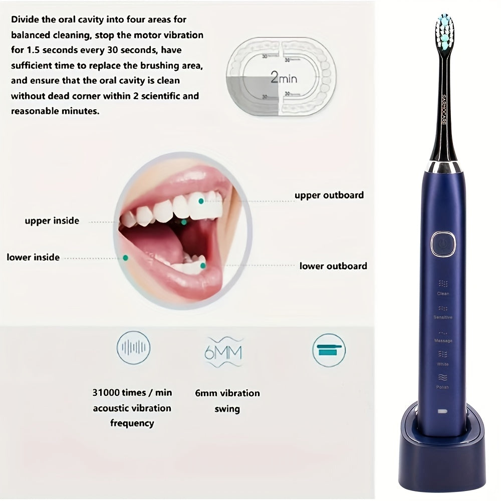 Adult Electric Toothbrush USB Rechargeable Soundwave 5 Modes 8 Replacement Heads