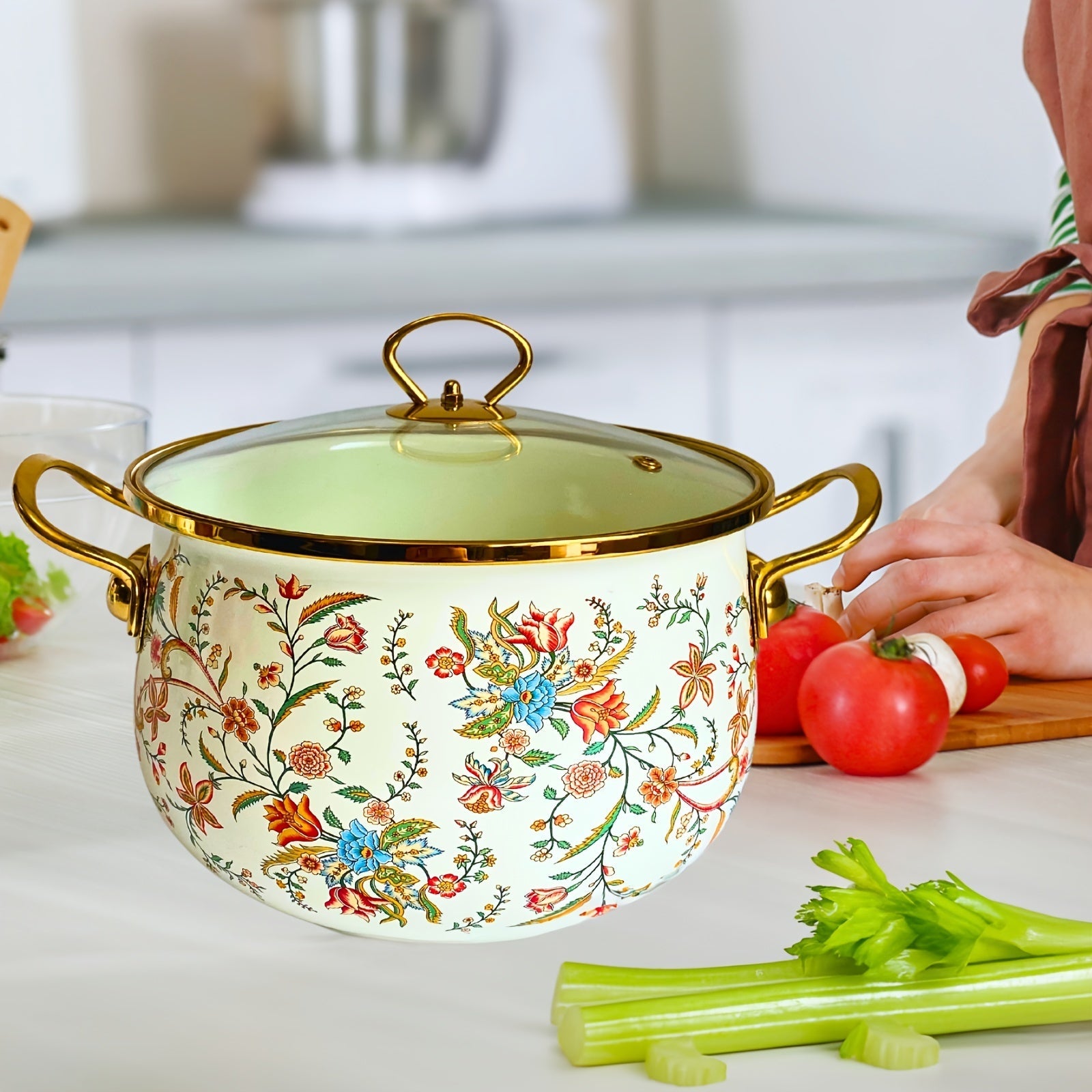 European Style Enameled Pot Set with Floral Design Non-Stick Coating Various Sizes
