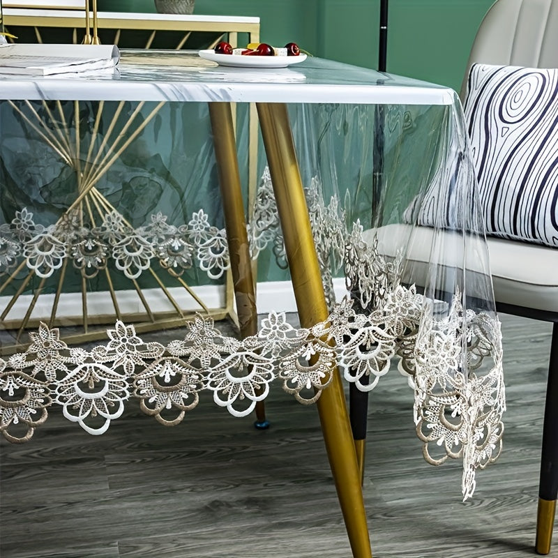 Transparent PVC Square Tablecloth with Classic Lace Design Non-Slip Easy to Clean