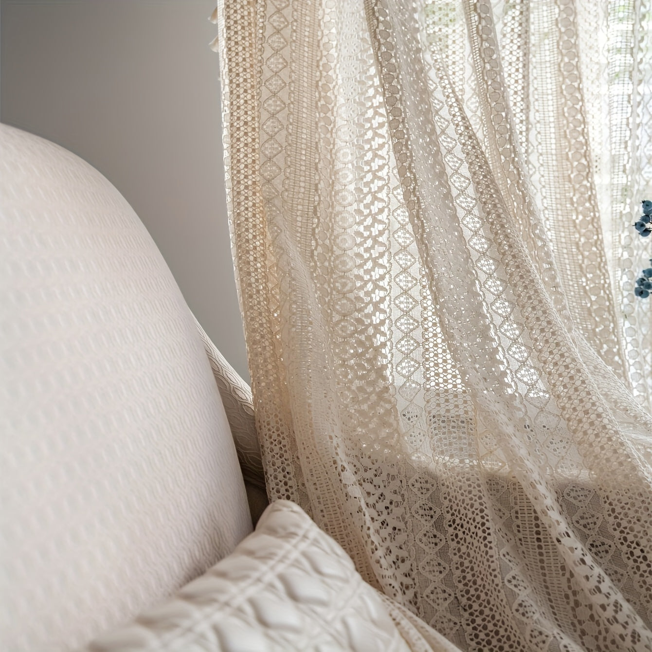 Cortinas de estilo bohemio Pop Hollow Beige con borlas, juego de cortinas translúcidas para sala de estar y dormitorio