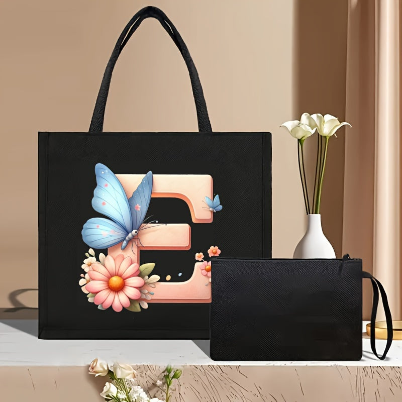 Set of 2 Floral Letter Print Canvas Tote Bags Large Handbag with Clutch Pouch
