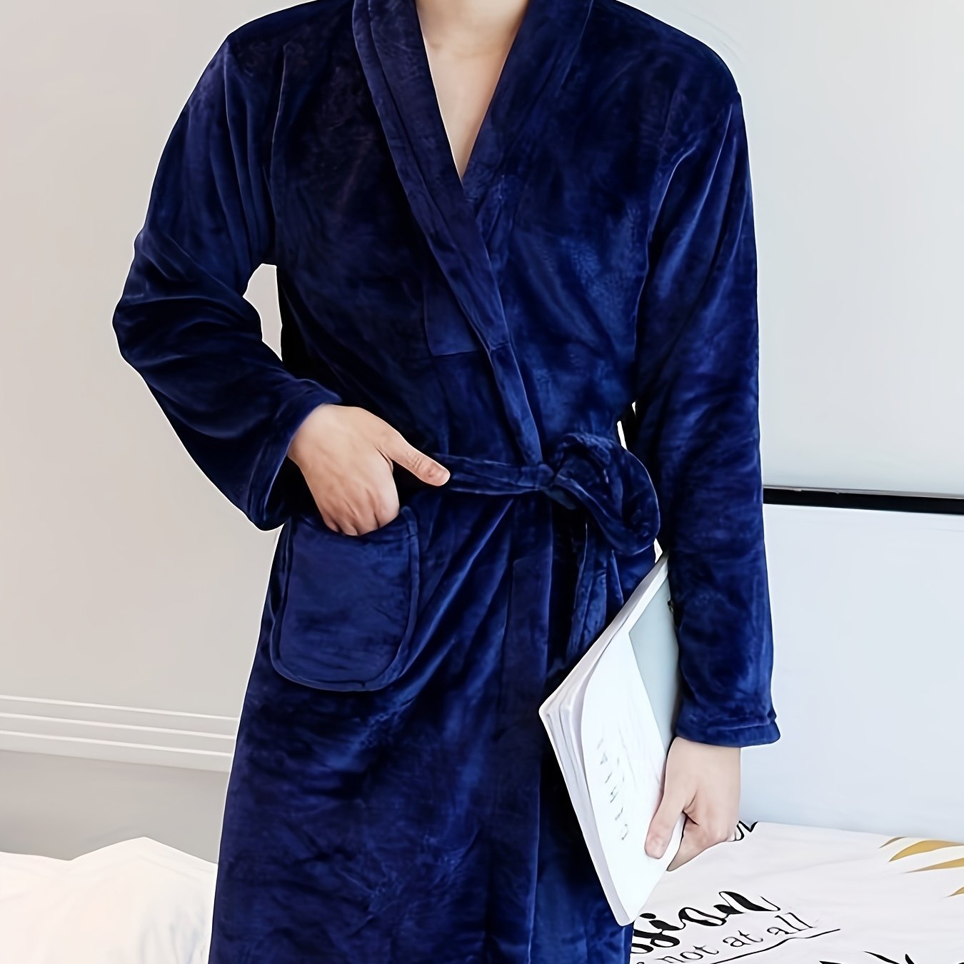Luxurious Plush Fleece Bathrobe for Women Fall Winter Long Sleeve V-Neck Tie Belt
