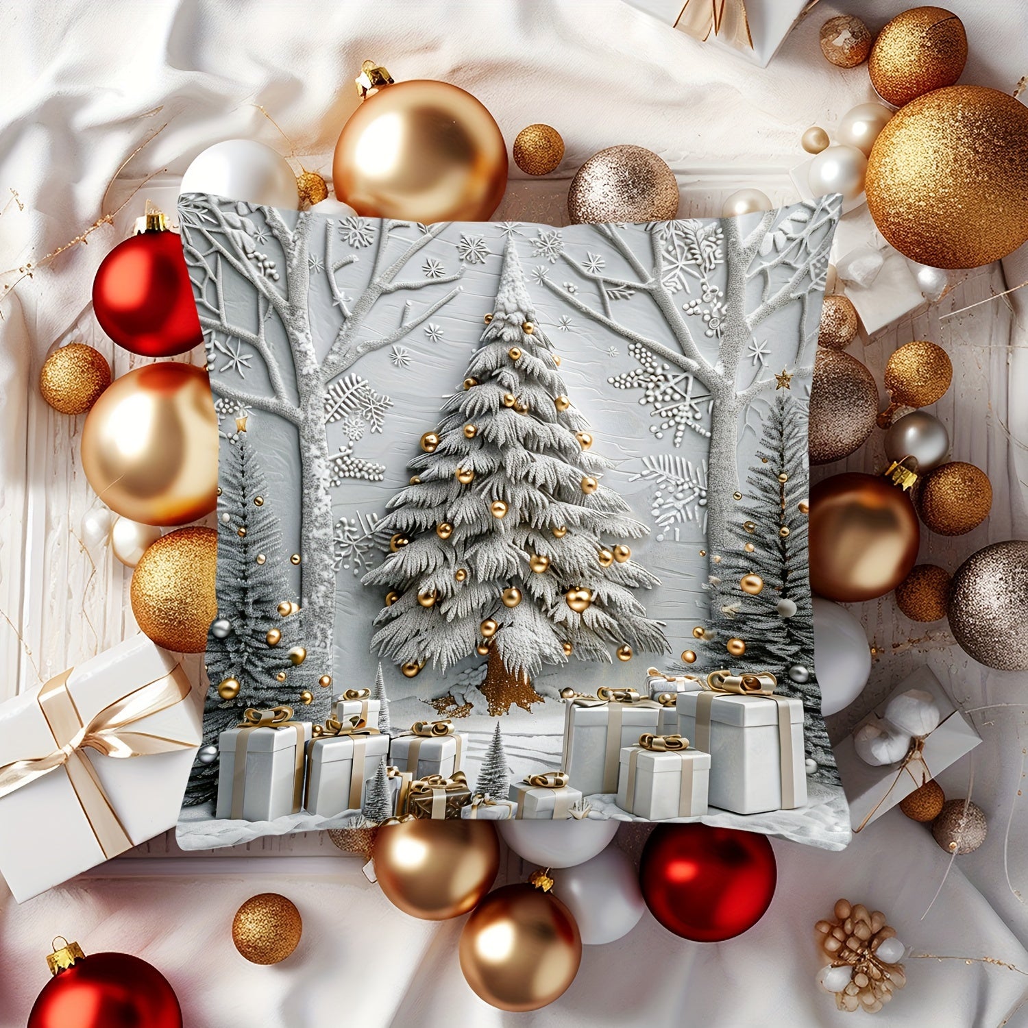 Christmas Tree and Gifts Pattern Throw Pillow Cover 44cm x 45cm Polyester Sofa Decor