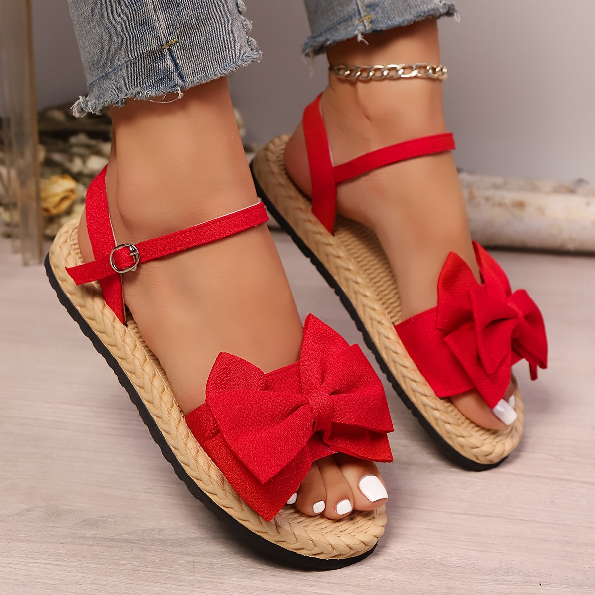 Women's Flat Shoes Open Toe Bow Casual Outdoor Beach