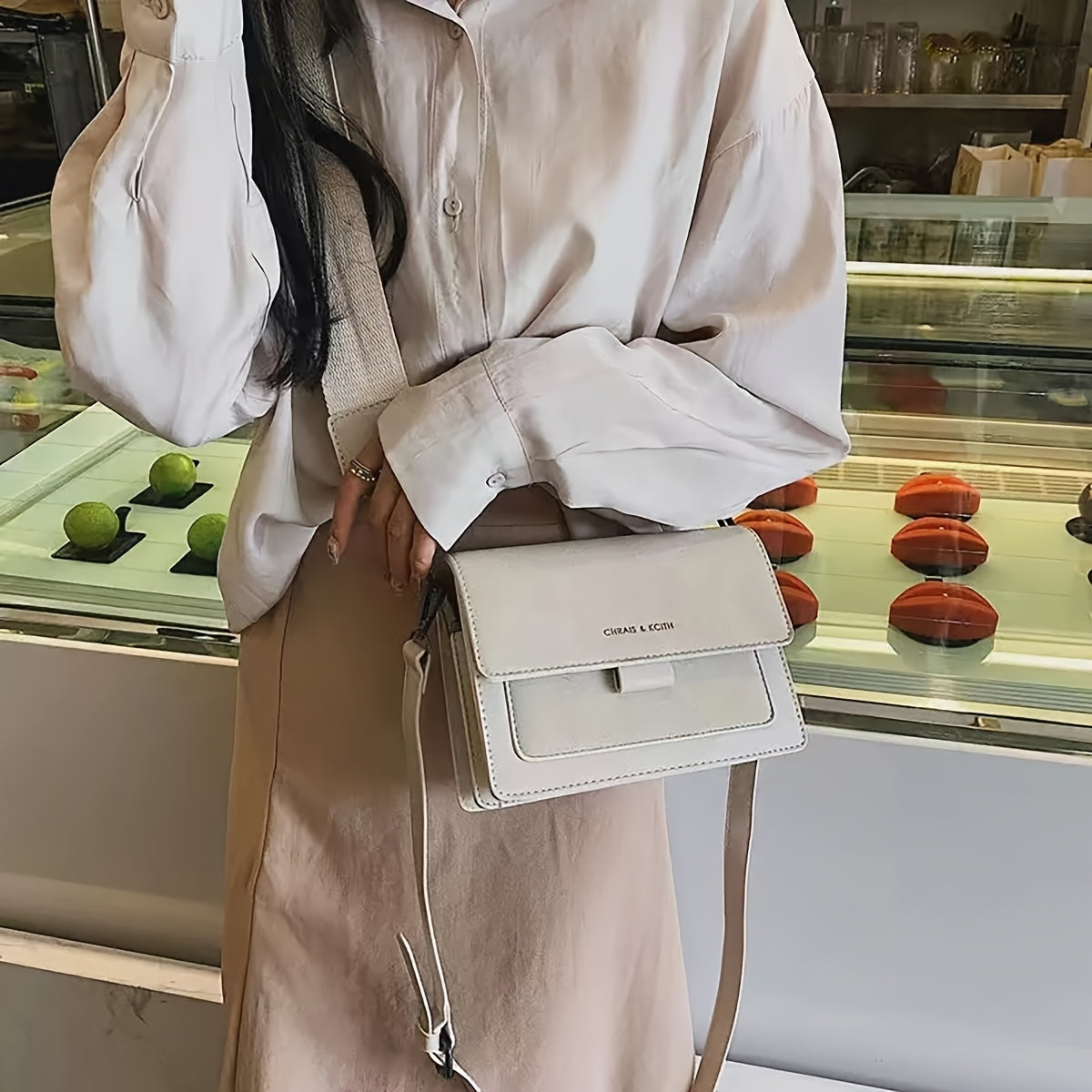 Ayollar uchun bej va jigarrang crossbody sumkasi, sozlanadigan kamar bilan, geometrik PU