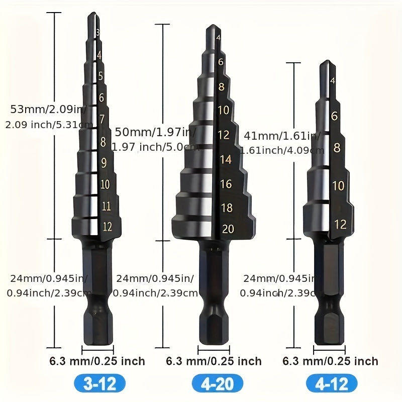 3pcs Titanium Coated High Carbon Steel Step Drill Bit Set Rust Water-Resistant for Carpentry