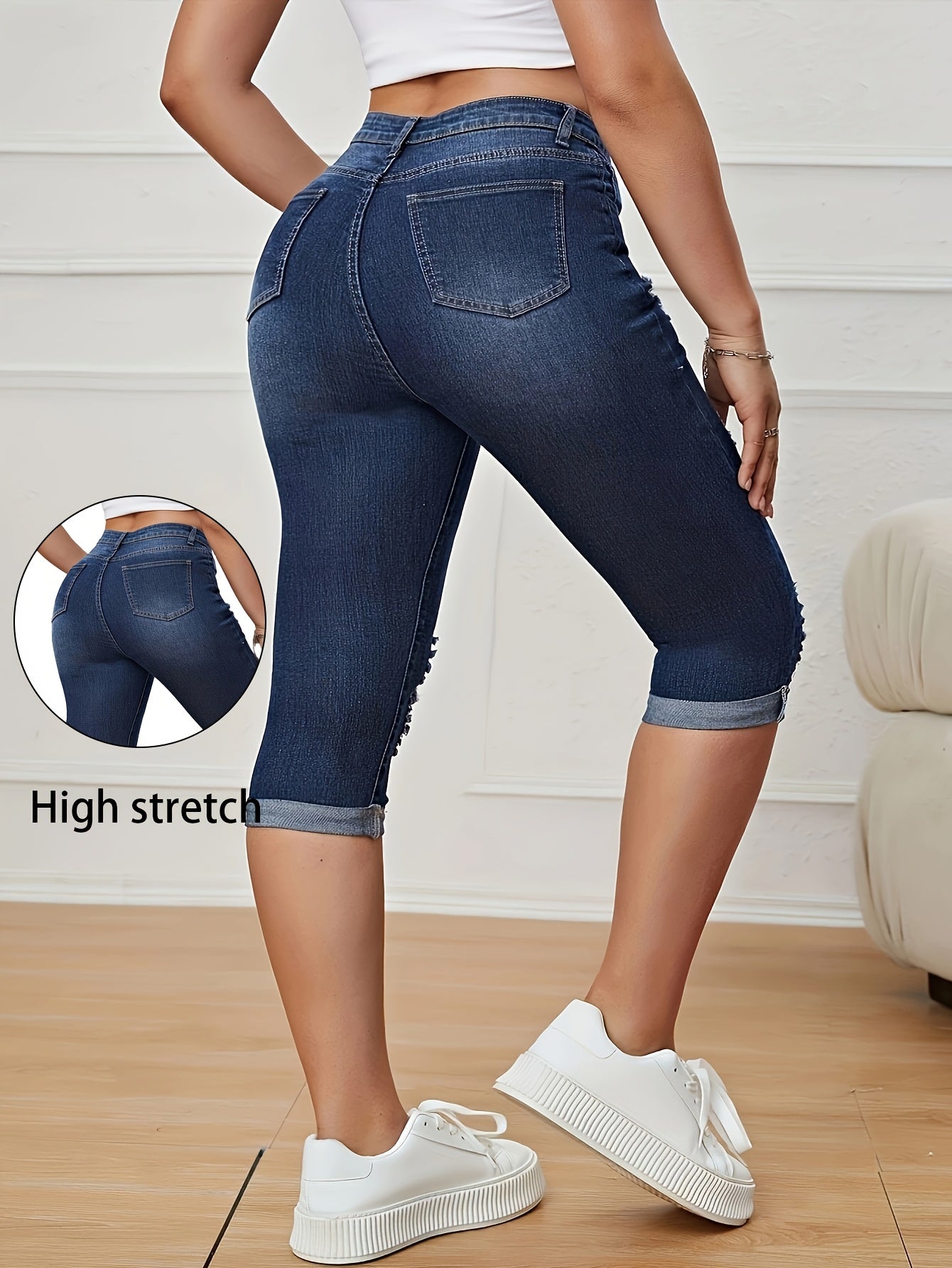 Pantalones capri de mezclilla de tiro alto con roturas y dobladillo enrollado para mujer talla plus