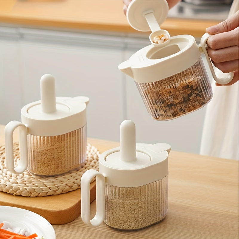 Envase de condimentos de plástico con cuchara, tapa retráctil a prueba de fugas, frasco transparente para almacenamiento en la cocina