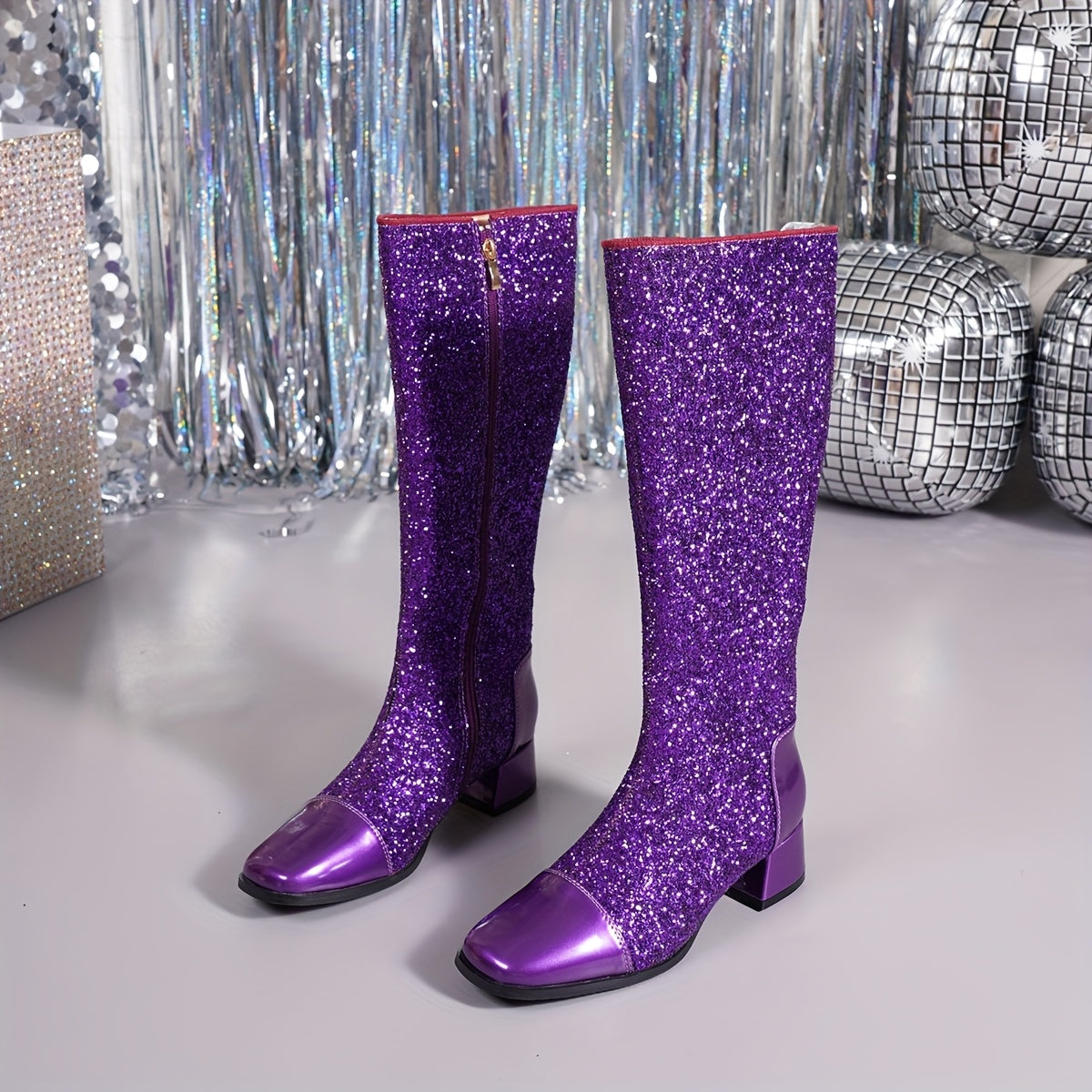 Women Glittery Purple Faux Cover High-Heel Boots with Square Toe