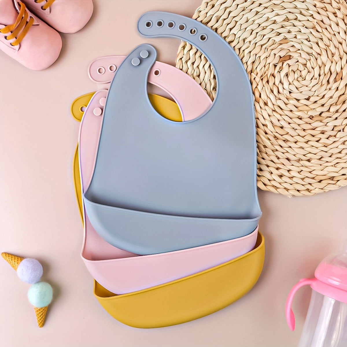 Set of 3 Waterproof Silicone Baby Bibs with Food Catcher and Adjustable Neck for Toddlers